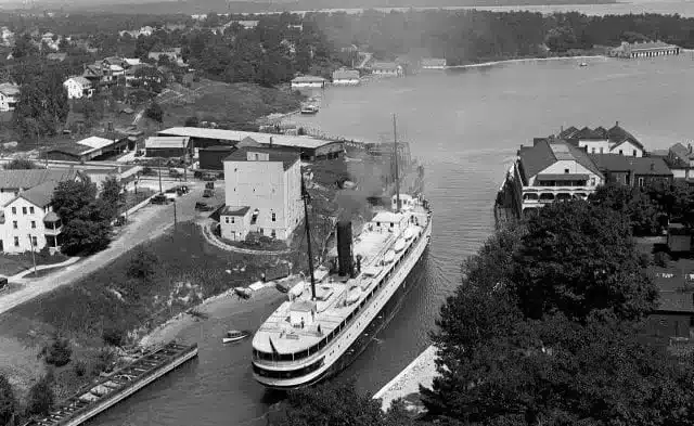 Black and white archival photograph of the Charlevoix waterfront near the restaurant
