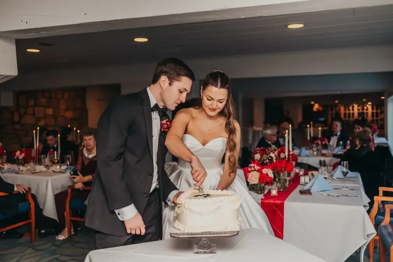 A white wedding cake on display